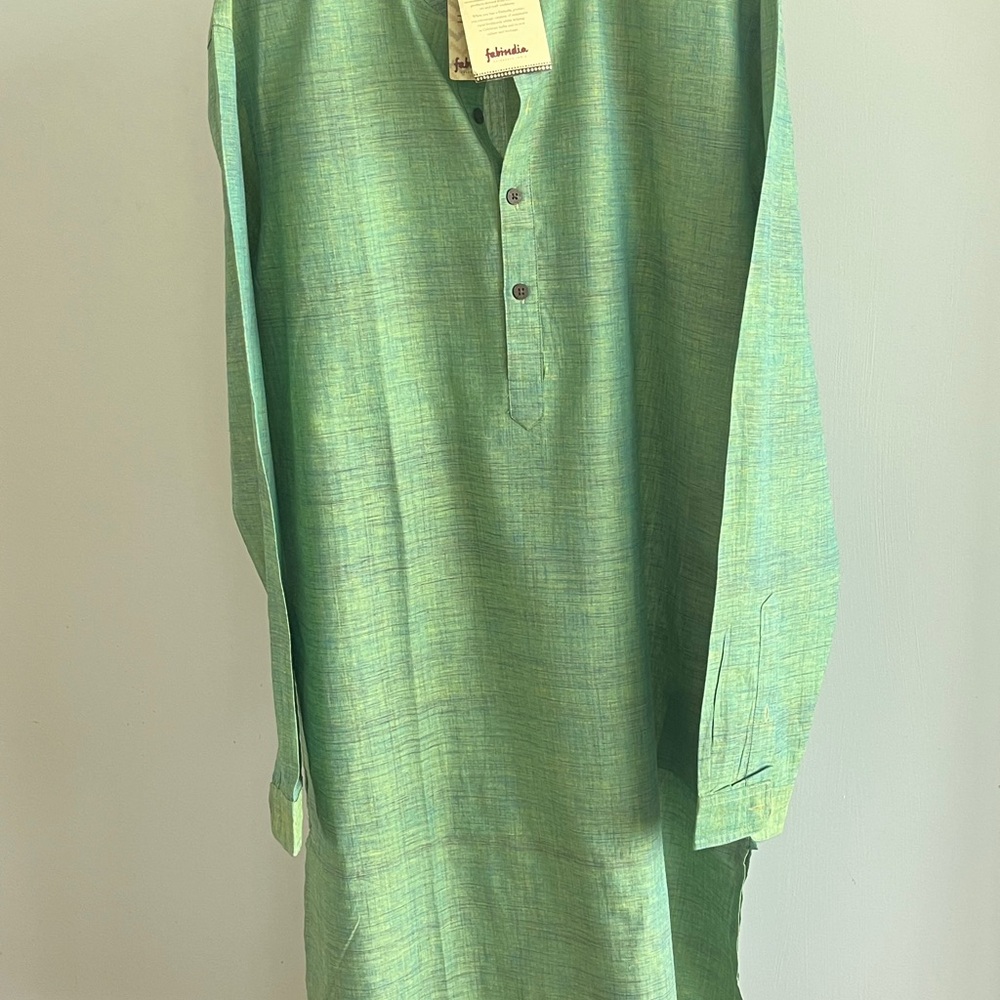NWT FABINDIA Men's Green Woven 100% Cotton Nehru Short Kurta Sz Large Slim Fit